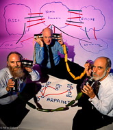 Toronto, Canada.

Internet pioneers Jon Postel, Steve Crocker and   Vint Cerf use zucchini, coffee cans and drawings to represent the primitive Net they helped to create.

-for NEWSWEEK