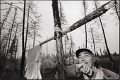 On his way to check a caribou hide drying on a spruce frame, Innu elder Spatieish (Sabastian) Penunsi pauses to reflect on the roar of a near-flying fighter jet through the fog, Four Mile Road, Nitassinan/Labrador. Copyright Peter Sibbald, 1989.